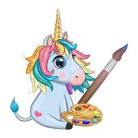 Cute cartoon unicorn with paint palette and paintbrush, artist profession. vector