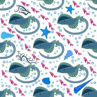 Batomorphi sea life, fish, animals bright seamless pattern. sea travel, snorkeling with animals, tropical fish vector