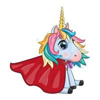 lindo personaje de unicornio con capa como superhéroe. ilustración de diseño de dibujos animados aislado vector