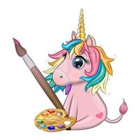 Cute cartoon unicorn with paint palette and paintbrush, artist profession. vector