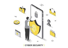 Cyber security concept in 3d isometric outline design. User uses secure login access and fingerprint authentication, internet data protection, line web template. Vector illustration with people scene