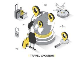 Travel vacation concept in 3d isometric outline design. Woman with luggage chooses directions, search tours, book tickets for plane and hotel, line web template. Vector illustration with people scene