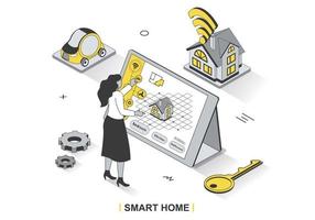 Smart home concept in 3d isometric outline design. Woman controls sensors in house using computer, systems monitoring, security and automation, line web template. Vector illustration with people scene