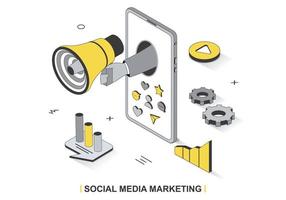 Social media marketing concept in 3d isometric outline design. Business promotion online, advertising, attracting followers, content creation, line web template. Vector illustration with people scene