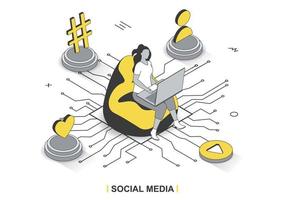 Social media concept in 3d isometric outline design. Woman browses on laptop, creates profile, watches video content, likes and shares posts, line web template. Vector illustration with people scene