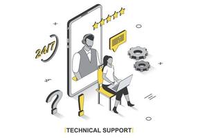 Technical support concept in 3d isometric outline design. Client writes chat to customer service operator, receives advice and solves problems, line web template. Vector illustration with people scene