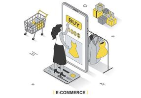 concepto de comercio electrónico en diseño de contorno isométrico 3d. la mujer compra ropa en la aplicación móvil, paga las compras con tarjeta de crédito, compras en línea, plantilla web de línea. ilustración vectorial con escena de personas vector