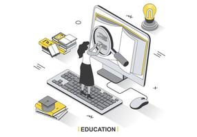 Education concept in 3d isometric outline design. Student learning online, studying textbook on computer, reading book and preparing for exams, line web template. Vector illustration with people scene