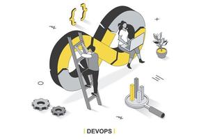 DevOps concept in 3d isometric outline design. Programmers and engineers working together at office, administration of development operations, line web template. Vector illustration with people scene