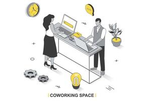 concepto de espacio de coworking en diseño de contorno isométrico 3d. empleados o autónomos que trabajan en portátiles, lluvia de ideas y comunicación empresarial, plantilla web de línea. ilustración vectorial con escena de personas vector