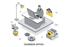 Business office concept in 3d isometric outline design. Employee works on computer at workplace, workflow and document management in company, line web template. Vector illustration with people scene