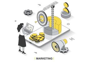 Marketing concept in 3d isometric outline design. Woman doing market research, developing strategy, targeting, promoting successful business, line web template. Vector illustration with people scene