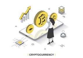 Cryptocurrency concept in 3d isometric outline design. Woman invests money in bitcoins and other currency, increases income and crypto mining, line web template. Vector illustration with people scene