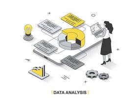 Data analysis concept in 3d isometric outline design. Women studies statistics and researches graphs and charts, making financial report, line web template. Vector illustration with people scene