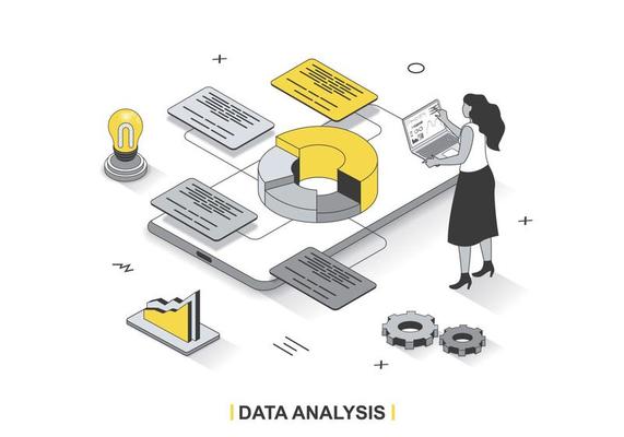 Data analysis concept in 3d isometric outline design. Women studies statistics and researches graphs and charts, making financial report, line web template. Vector illustration with people scene