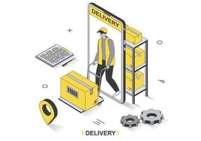 Delivery service concept in 3d isometric outline design. Warehouse worker carries parcel, courier delivery box, fast shipping transportation, line web template. Vector illustration with people scene