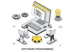 Software programming concept in 3d isometric outline design. Development team programs, tests and optimizes computer programs, works in office, line web template. Vector illustration with people scene