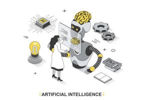 Artificial intelligence concept in 3d isometric outline design. Scientist engineer working with AI and training robot brain, machine learning line web template. Vector illustration with people scene