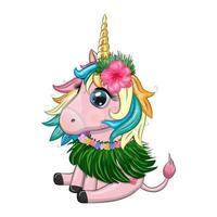 Cute cartoon unicorn dressed as a hula dancer, Hawaii, ready to go character. Summer, sea, palm trees, beach vector