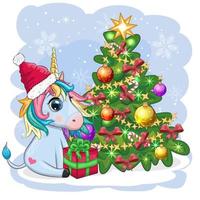 lindo unicornio de dibujos animados con sombrero de santa cerca del árbol de navidad con regalos, bolas. tarjeta de felicitación de navidad y año nuevo. vector