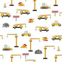 lindo patrón infantil sin costuras con camión volquete amarillo, grúa, hormigonera. ilustración del sitio de construcción en estilo de dibujos animados vector