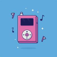 Vector illustration of music player with cool wireless earphones. Isolated blue background. Cute cartoon illustration. Useful for digital element assets
