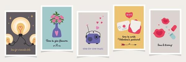 Set of cute valentine cards in trendy retro colors and doodle style. Vector illustration