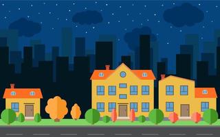 Vector night city with cartoon houses with trees and shrubs. City space with road on flat style background concept. Summer urban landscape. Street view with cityscape on a background