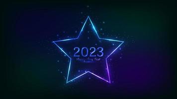 2023 Happy New Year neon background. Neon frame in star form with shining effects and sparkles for Christmas holiday greeting card, flyers or posters. Vector illustration