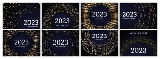 2023 Happy New Year of gold glitter pattern in circle form. Set of abstract gold glowing halftone dotted backgrounds for Christmas holiday greeting card on dark background. Vector illustration