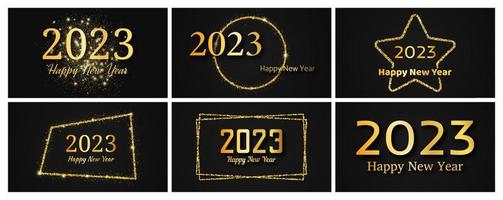 2023 Happy New Year gold background. Set of abstract gold backdrops with a inscription Happy New Year on dark for Christmas holiday greeting card, flyers or posters. Vector illustration