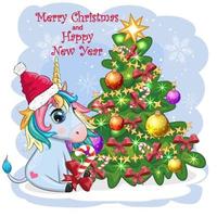 Cute cartoon unicorn in santa hat near christmas tree with gifts, balls. New Year and Christmas greeting card. vector