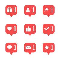 Set of nine notifications in social media. Heart, star, follower, message, check, gift, comment, like, repost. Vector illustration.