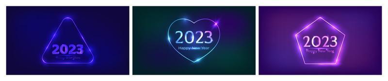 2023 Happy New Year neon background. Set of three neon backdrops with different geometric frames with shining effects and inscription Happy New Year. Dark background for Christmas vector