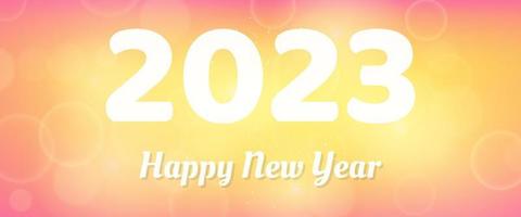Happy new year 2023 incription on blurred background. White numbers on backdrop with confetti, bokeh and lens flare. Vector illustration