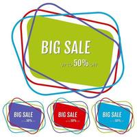 Set of four big sale stickers with abstract colorful chaotic lines around. Vector illustration