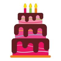 Sweet birthday cake with three burning candles. Colorful holiday dessert. Vector celebration background.