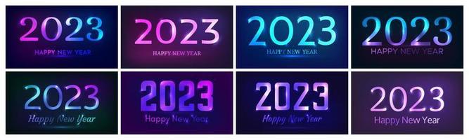 2023 Happy New Year neon background. Set of abstract neon backdrops with lights for Christmas holiday greeting card, flyers or posters. Vector illustration