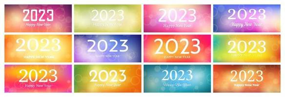 Happy new year 2023 incription on blurred background. Set of new year background. White numbers on backdrop with confetti, bokeh and lens flare. Vector illustration