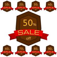 Set of discount stickers. Brown badges with red ribbon for sale 10 - 90 percent off. Vector illustration.