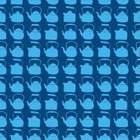 Seamless Blue Pattern with Kettle. Vector background with different teapots. Endless kitchen texture.