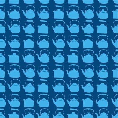 Seamless Blue Pattern with Kettle. Vector background with different teapots. Endless kitchen texture.