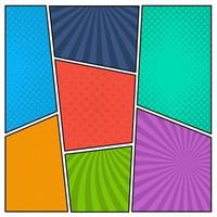 Colorful comic book page background in pop art style. Empty template with rays and dots pattern. Vector illustration