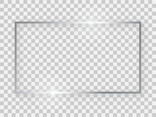 Silver shiny 16x9 rectangular frame with glowing effects and shadows on transparent background. Vector illustration