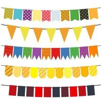 Colorful flags and bunting garlands for decoration. Decor elements with various patterns. Vector illustration