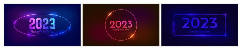 2023 Happy New Year neon background. Set of three neon backdrops with different geometric frames with shining effects and inscription Happy New Year. Dark background for Christmas vector