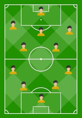 Football field with green grass and with eleven players. Vector illustration