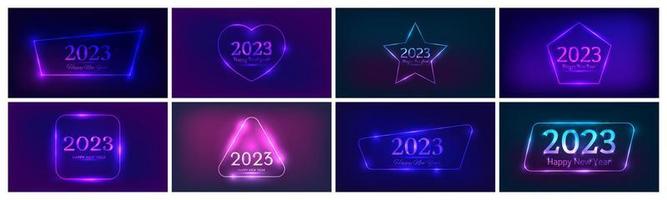 2023 Happy New Year neon background. Big set of neon backdrops with different geometric frames with shining effects and inscription Happy New Year. Dark background for Christmas holiday vector