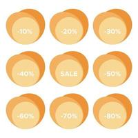 Set of nine sale stickers with different discount values. Sale label template. Vector illustration