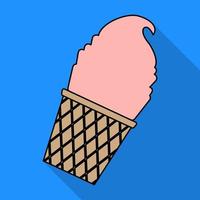 Vector illustration of ice cream in a waffle cup in flat style isolated on blue background with shadow. Vector illustration